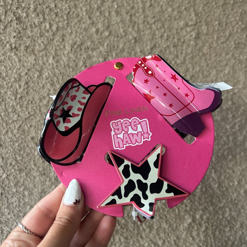Pink Linen Yeehaw Hair Clip Set NWT Cowgirl Western Boot Star Hat Cute Cowprint